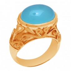 925 Sterling Silver Oval Shape Aqua Chalcedony Gemstone Gold Plated Ring