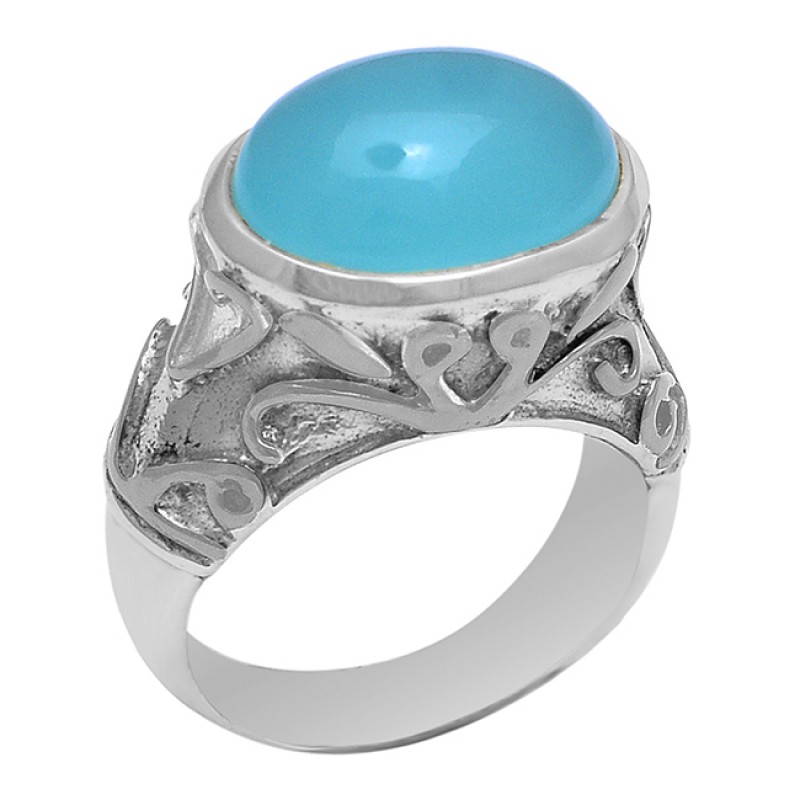 925 Sterling Silver Oval Shape Aqua Chalcedony Gemstone Gold Plated Ring