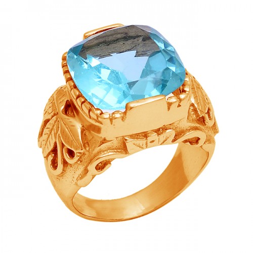 Faceted Square Shape Blue Topaz Gemstone 925 Silver Gold Plated Ring