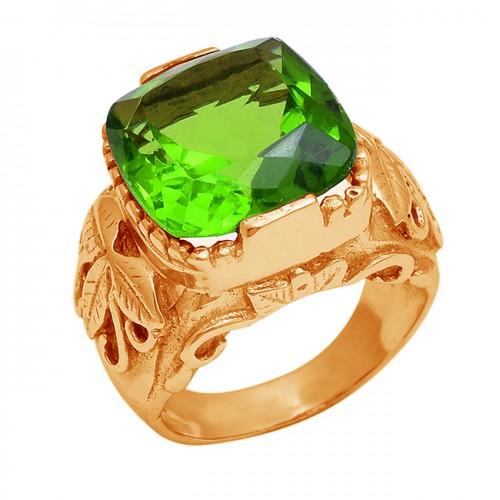 925 Sterling Silver Faceted Square Shape Peridot Gemstone Gold Plated Ring