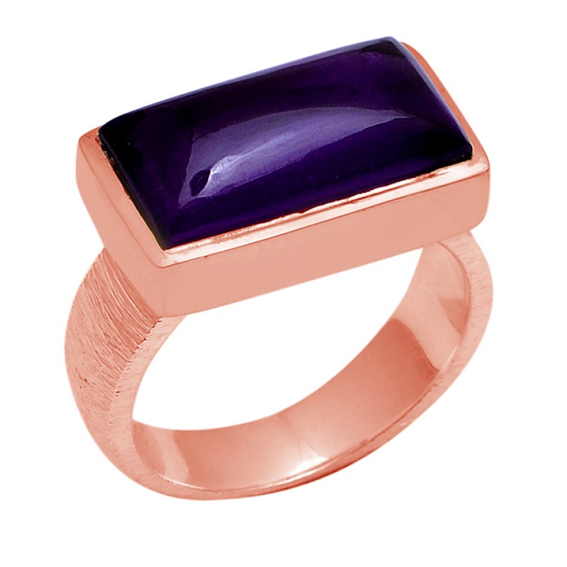 Cabochon Rectangle Shape Amethyst 925 Sterling Silver Gold Plated Ring