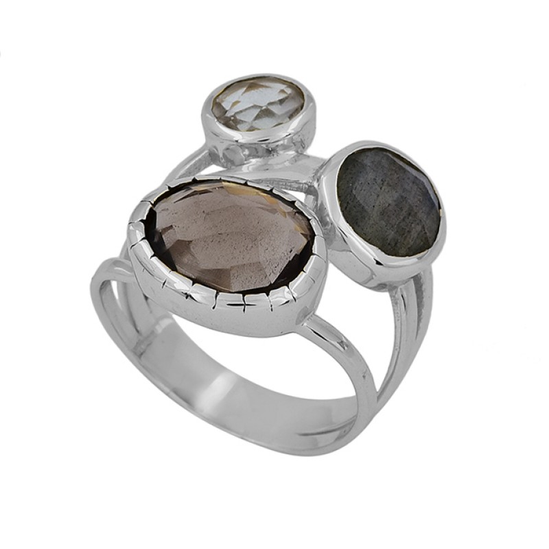 Smoky Quartz Blue Topaz Labradorite Gemstone Gold Plated Ring Jewelry