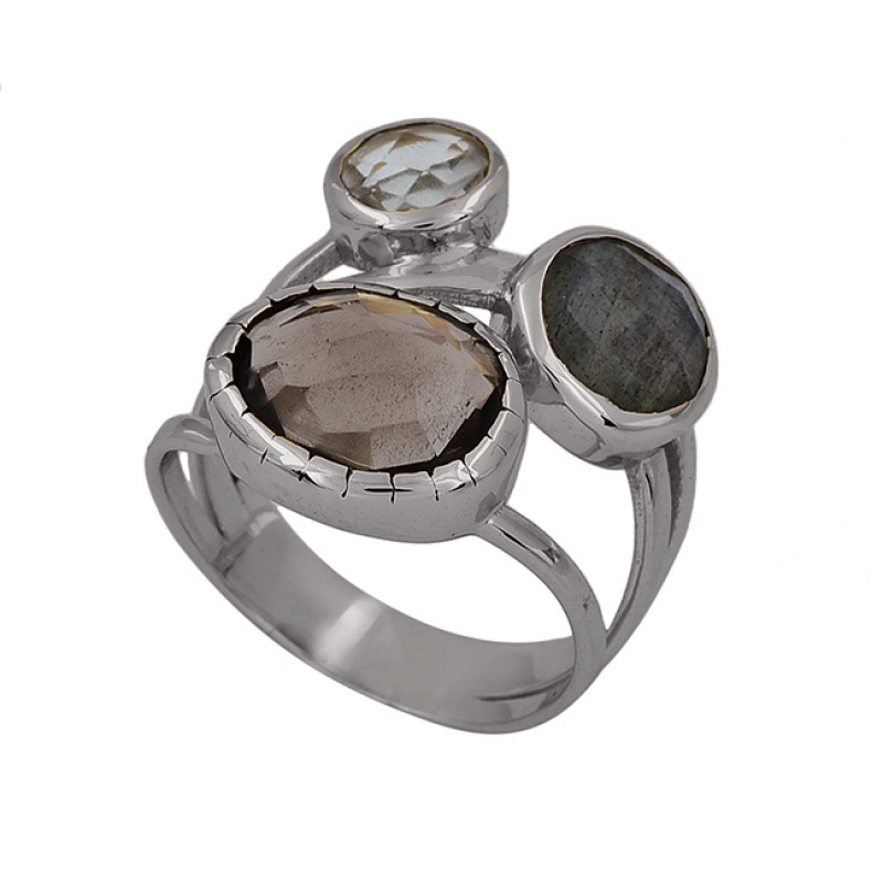 Smoky Quartz Blue Topaz Labradorite Gemstone Gold Plated Ring Jewelry