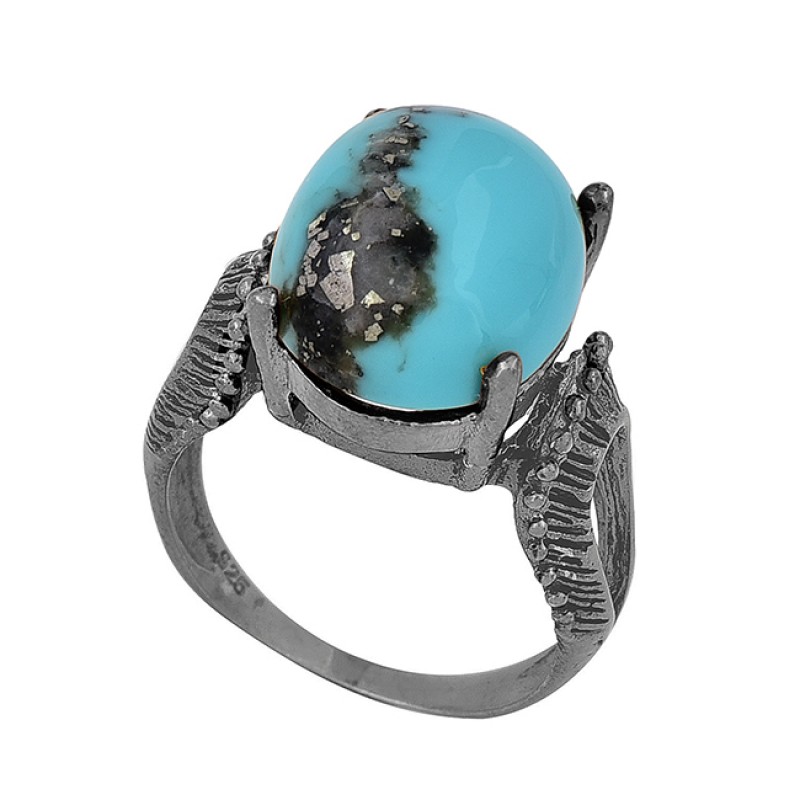 925 Sterling Silver Oval Shape Turquoise Gemstone Black Rhodium Ring