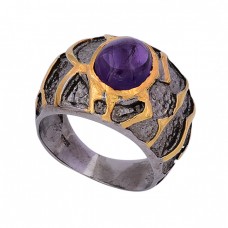 Oval Cabochon Amethyst Gemstone 925 Sterling Silver Black Rhodium Ring