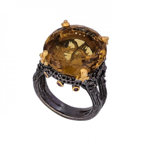 Faceted Oval Shape Citrine Gemstone 925 Silver Black Rhodium Ring