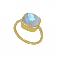 Cushion Shape Rainbow Moonstone 925 Sterling Silver Gold Plated Ring