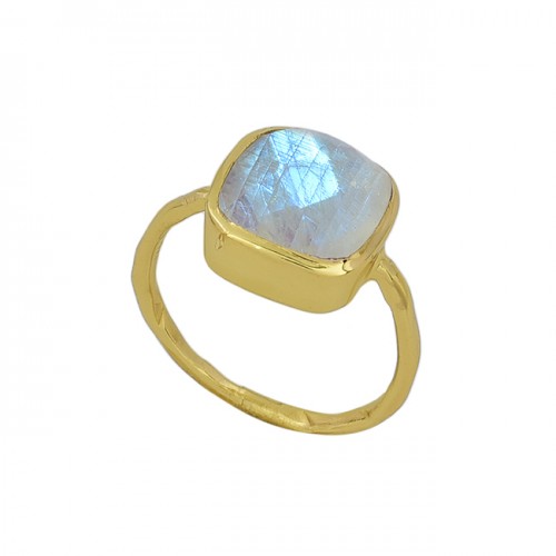 Cushion Shape Rainbow Moonstone 925 Sterling Silver Gold Plated Ring