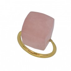 Square Shape Rose Chalcedony Gemstone 925 Sterling Silver Gold Plated Ring