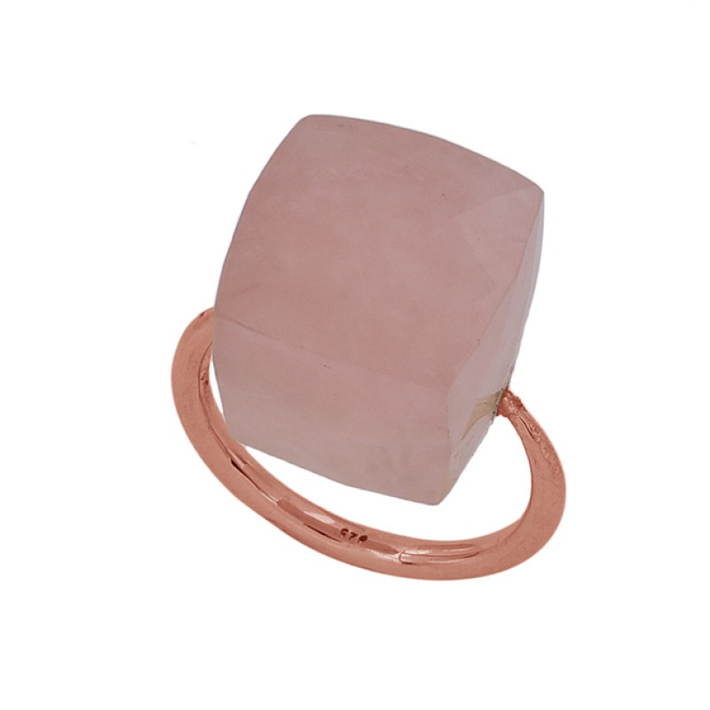 Square Shape Rose Chalcedony Gemstone 925 Sterling Silver Gold Plated Ring