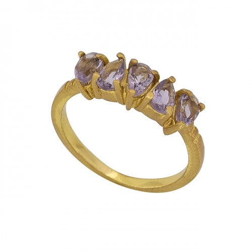 Faceted Pear Shape Amethyst Gemstone 925 Sterling Silver Gold Plated Ring