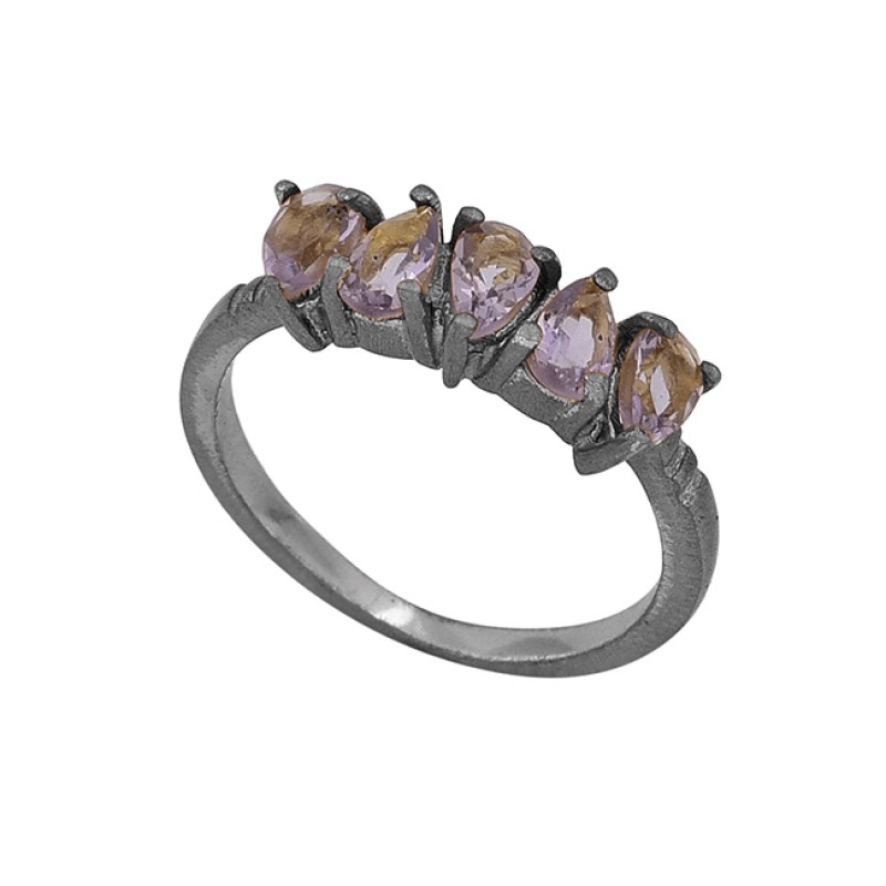 Faceted Pear Shape Amethyst Gemstone 925 Sterling Silver Gold Plated Ring