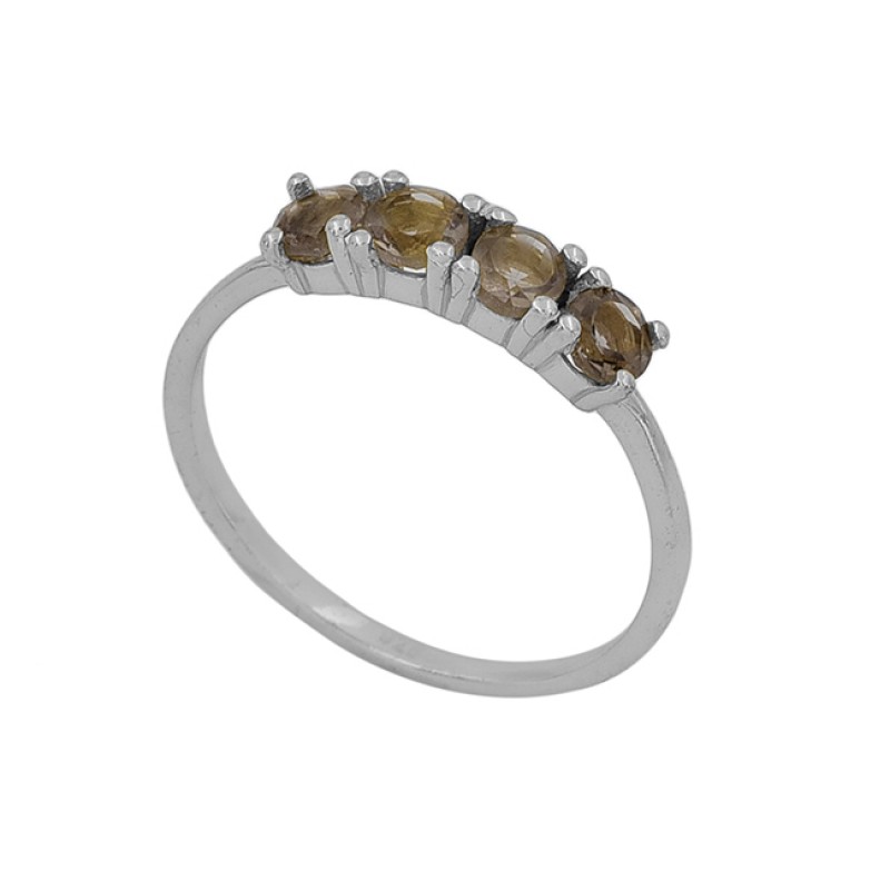 Round Shape Smoky Quartz Gemstone 925 Silver Gold Plated Ring Jewelry