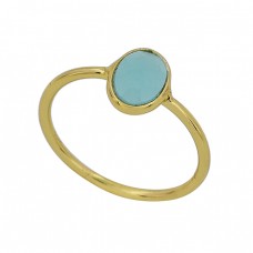 Aqua Chalcedony Oval Shape Gemstone 925 Silver Gold Plated Ring