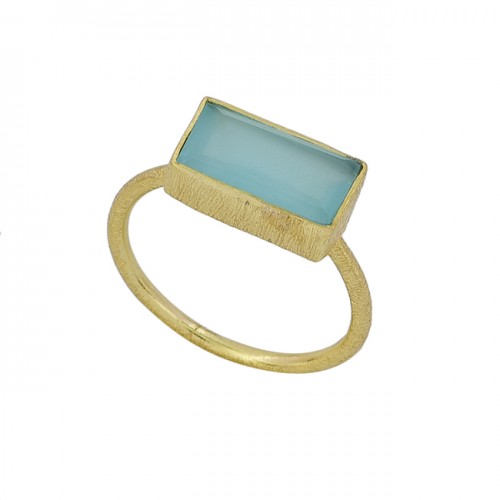 Rectangle Shape Aqua Chalcedony Gemstone 925 Silver Gold Plated Ring