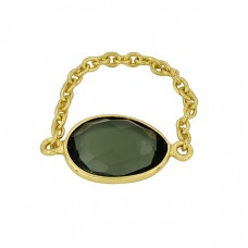 Oval Shape Green Amethyst Gemstone 925 Silver Gold Plated Chain Ring