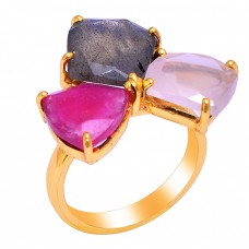 Ruby Labradorite Rose Quartz Gemstone 925 Silver Gold Plated Ring