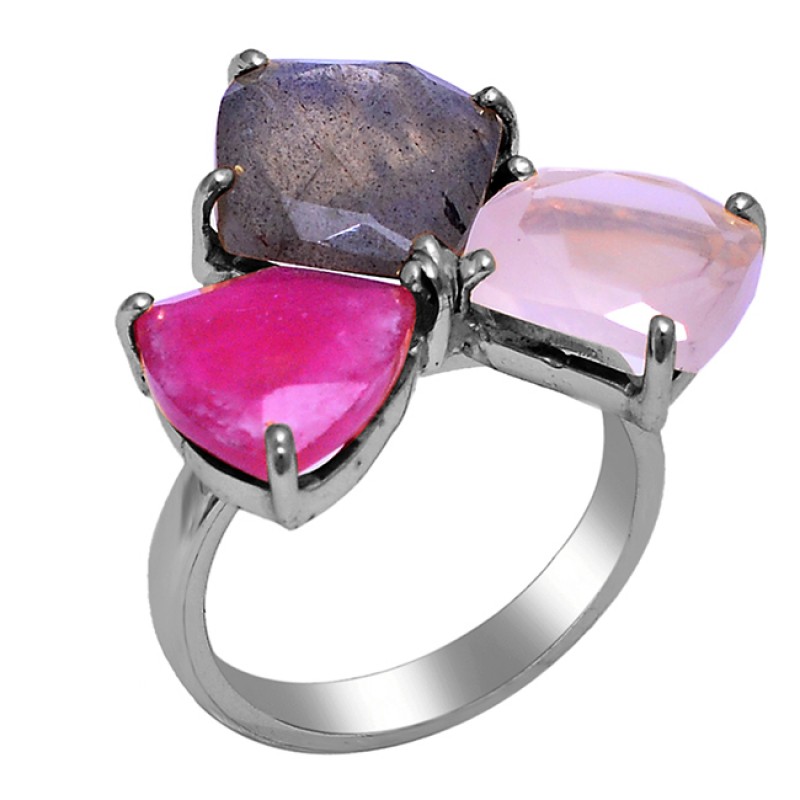 Ruby Labradorite Rose Quartz Gemstone 925 Silver Gold Plated Ring