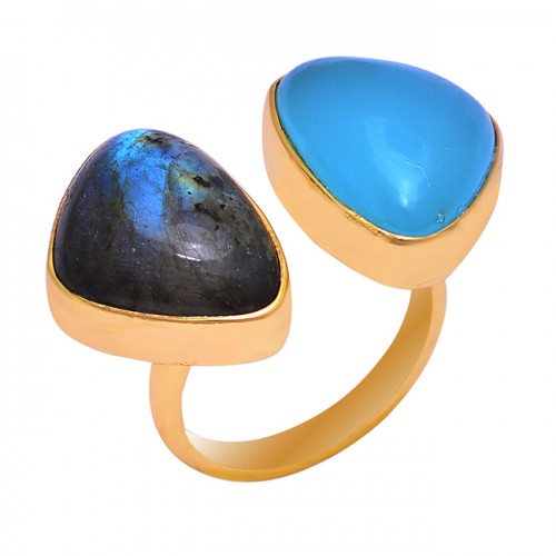 Labradorite Blue Chalcedony Gemstone 925 Silver Gold Plated Ring 