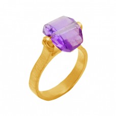 Handmade Designer Amethyst Gemstone 925 Sterling Silver Gold Plated Ring Jewelry 