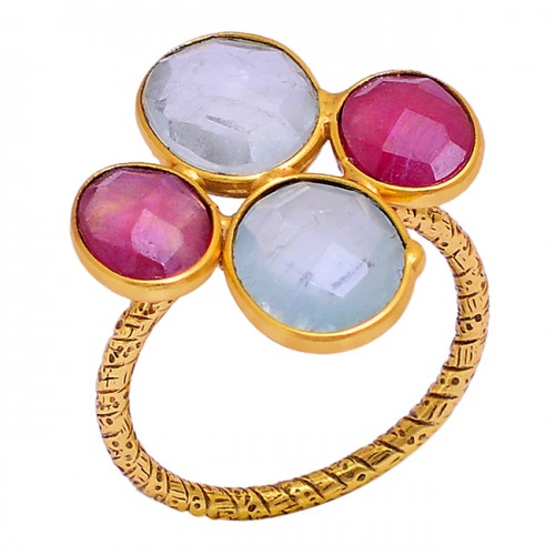 Blue Topaz Ruby Gemstone 925 Sterling Silver Gold Plated Ring Jewelry