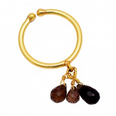 Smoky Quartz Pear Drops Shape Gemstone 925 Silver Gold Plated Ring