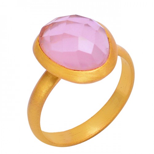 Faceted Oval Shape Rose Chalcedony Gemstone 925 Silver Gold Plated Ring
