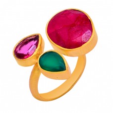 Pink Quartz Green Onyx Ruby Gemstone 925 Sterling Silver Gold Plated Ring