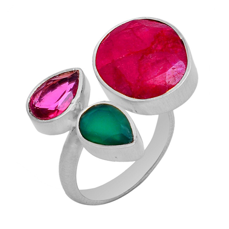 Pink Quartz Green Onyx Ruby Gemstone 925 Sterling Silver Gold Plated Ring