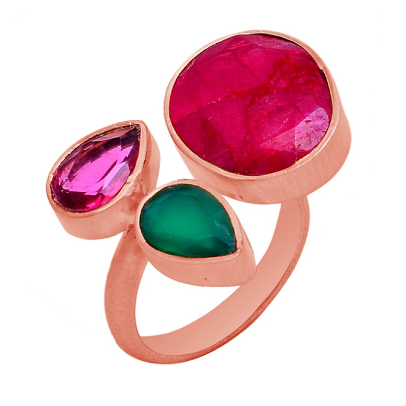 Pink Quartz Green Onyx Ruby Gemstone 925 Sterling Silver Gold Plated Ring