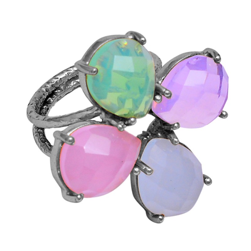 Chalcedony Opal Gemstone 925 Sterling Silver Gold Plated Prong Setting Ring