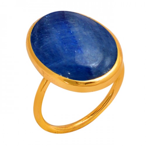 Oval Cabochon Blue Kyanite Gemstone 925 Sterling Silver Gold Plated Ring