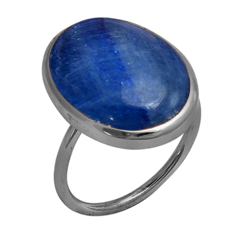 Oval Cabochon Blue Kyanite Gemstone 925 Sterling Silver Gold Plated Ring