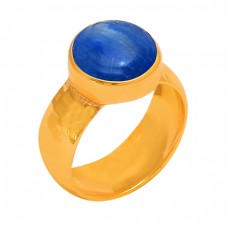 Round Shape Blue Kyanite Gemstone 925 Sterling Silver Gold Plated Ring