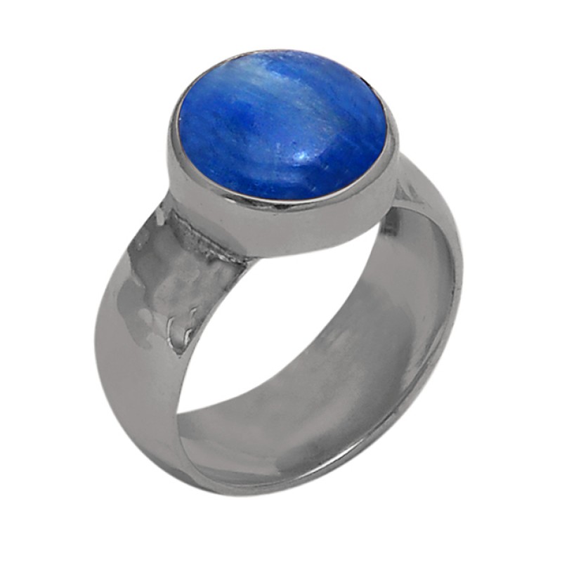 Round Shape Blue Kyanite Gemstone 925 Sterling Silver Gold Plated Ring