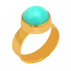 Round Shape Larimar Gemstone 925 Sterling Silver Gold Plated Ring