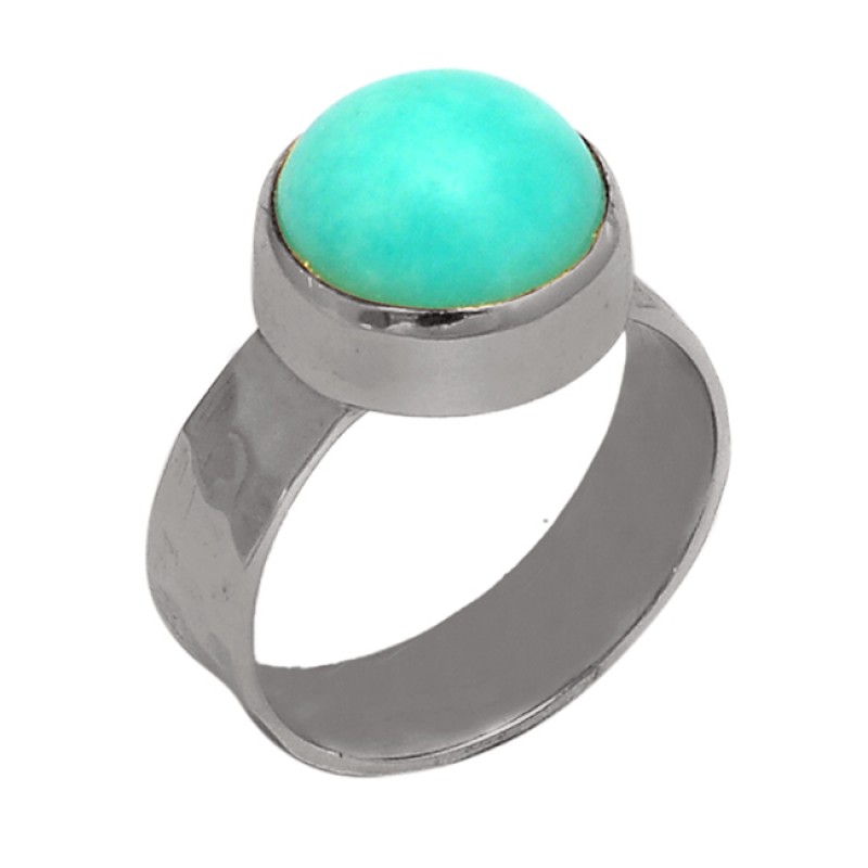 Round Shape Larimar Gemstone 925 Sterling Silver Gold Plated Ring