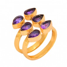 Pear Shape Amethyst Gemstone 925 Sterling Silver Gold Plated Ring