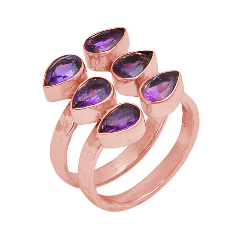 Pear Shape Amethyst Gemstone 925 Sterling Silver Gold Plated Ring