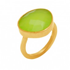 Green Prehnite Chalcedony Fancy Shape Gemstone 925 Sterling Silver Gold Plated Jewelry Ring