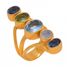 Topaz Peridot Quartz Moonstone 925 Sterling Silver Gold Plated Ring