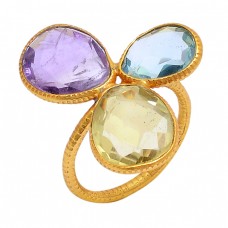 Amethyst Blue Topaz Lemon Quartz Gemstone 925 Silver Gold Plated Ring