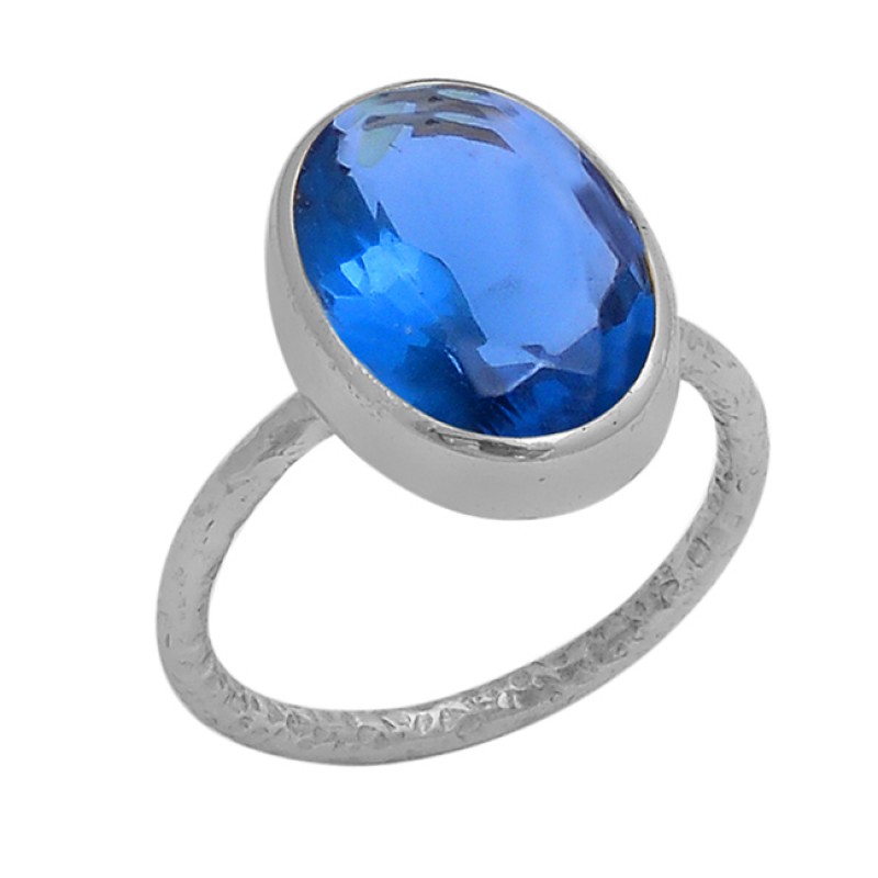 Faceted Oval Shape Blue Quartz Gemstone 925 Sterling Silver Gold Plated Ring