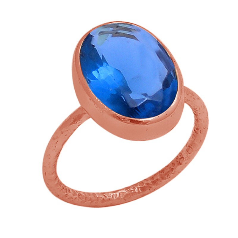 Faceted Oval Shape Blue Quartz Gemstone 925 Sterling Silver Gold Plated Ring