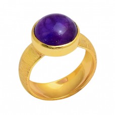 Round Cabochon Amethyst Gemstone 925 Silver Gold Plated Designer Ring