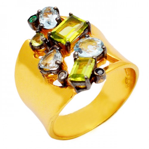 Blue Topaz Green Onyx Peridot Gemstone 925 Sterling Silver Gold Plated Ring Jewelry