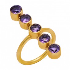 Faceted Round Shape Amethyst Gemstone 925 Silver Gold Plated Ring