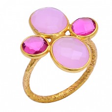 Rose Chalcedony Pink Quartz Gemstone 925 Sterling Silver Gold Plated Ring