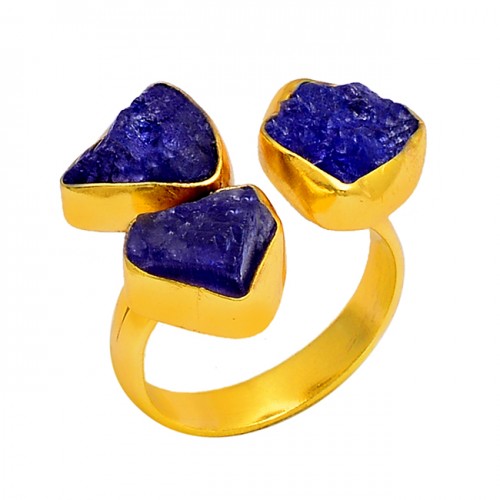 Blue Sapphire Rough Gemstone 925 Sterling Silver Gold Plated Ring Jewelry