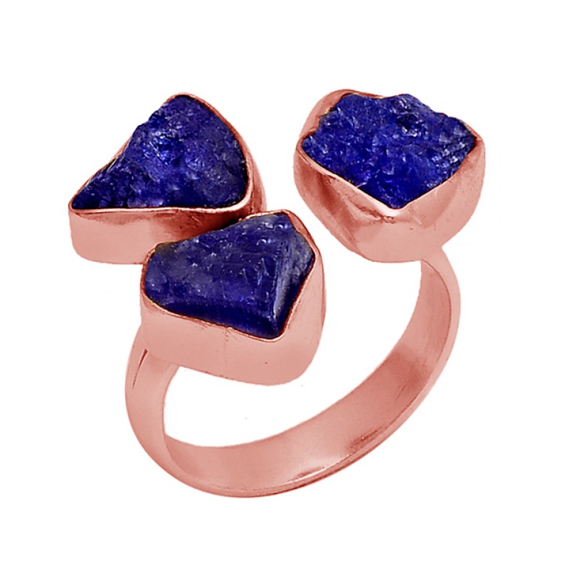 Blue Sapphire Rough Gemstone 925 Sterling Silver Gold Plated Ring Jewelry